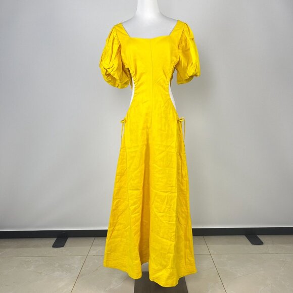 NWOT Farm Rio Linen Beads Puff-Sleeve Cutout Midi Dress Yellow Size XL - Picture 2 of 12